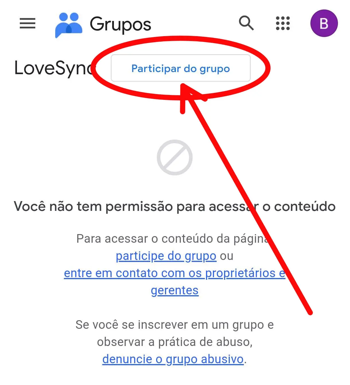 Tela do Google Groups mostrando o botão Participar do grupo