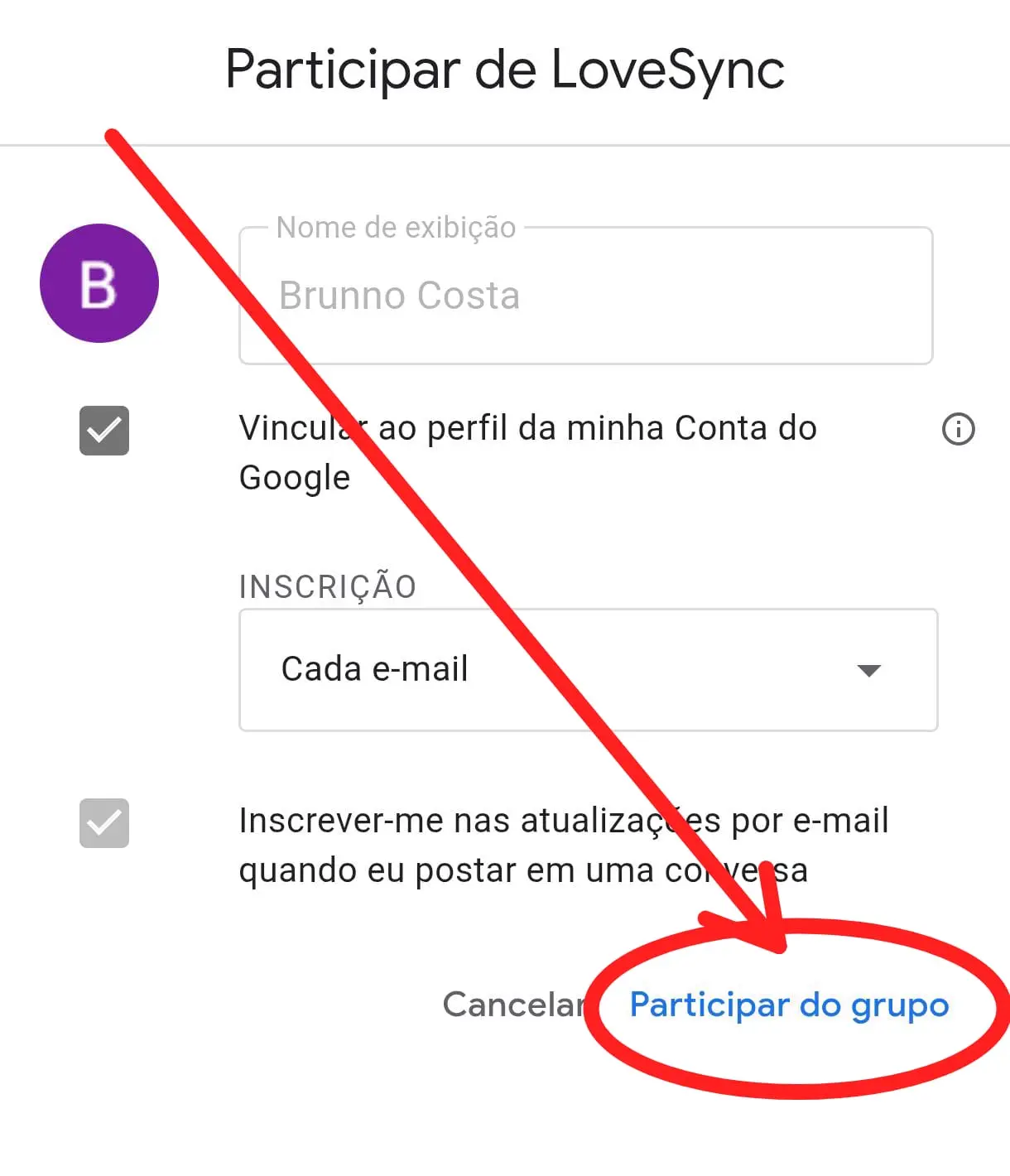 Tela de confirmação do Google Groups com o botão Participar do grupo